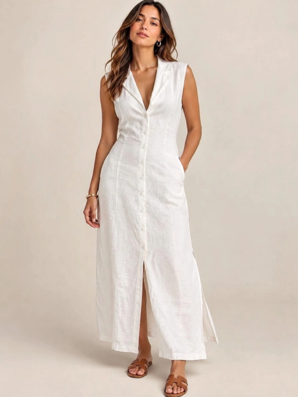 Magaschoni 100% Linen Sleeveless Button Front Maxi Dress White XL